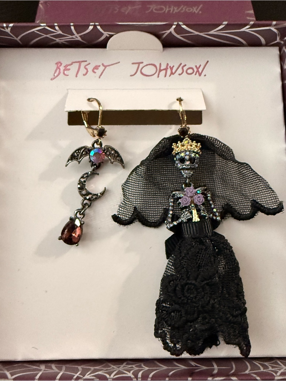 Betsey Johnson Black Mismatched Skeleton Bride and Bat Moon Drop Earrings